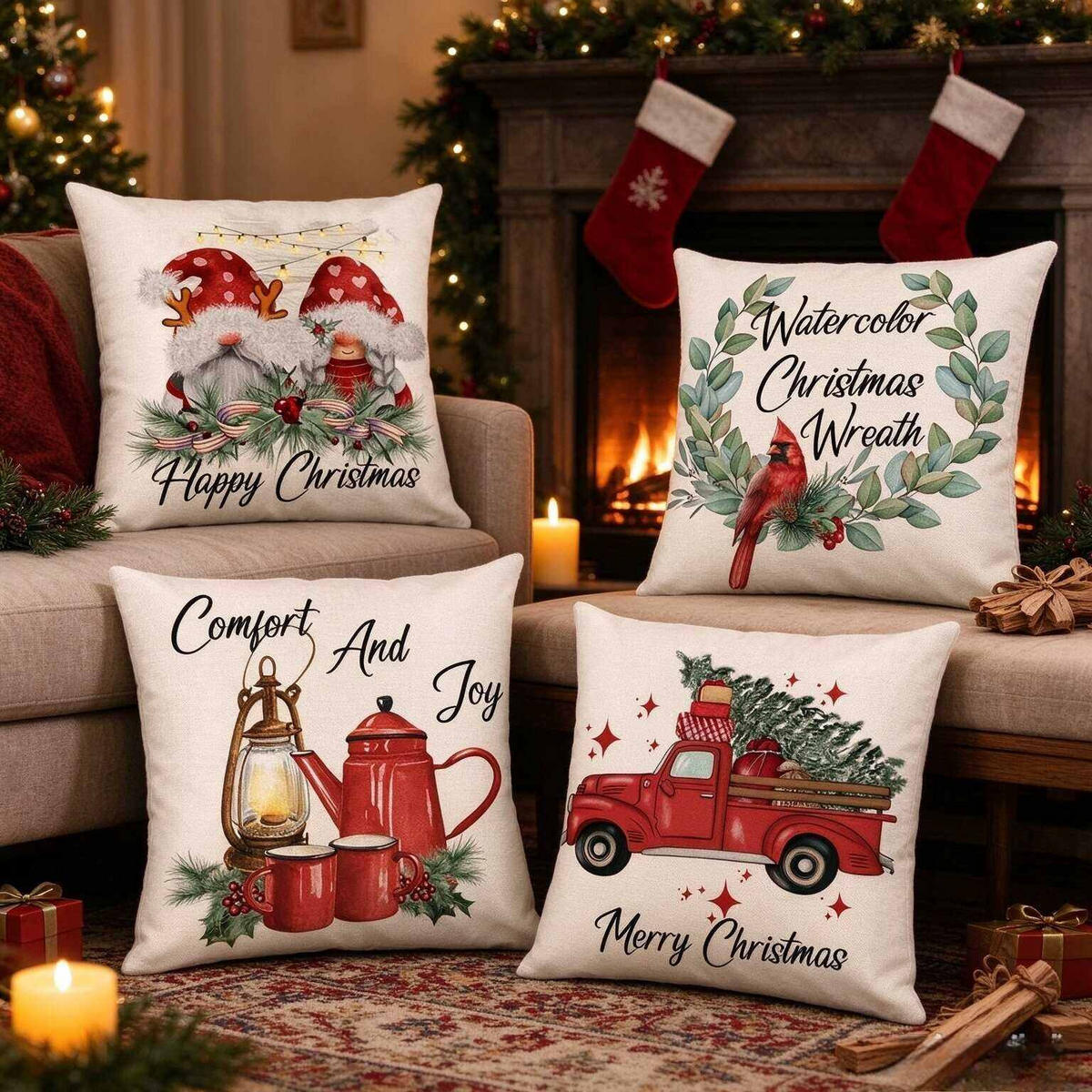 KISSENBEZUG – Weihnachtskissenbezug (Kissenfüllung nicht enthalten) – 45 x 45 cm – Multicolor(vier Stück) - Multicolor, Textil (45/45cm)