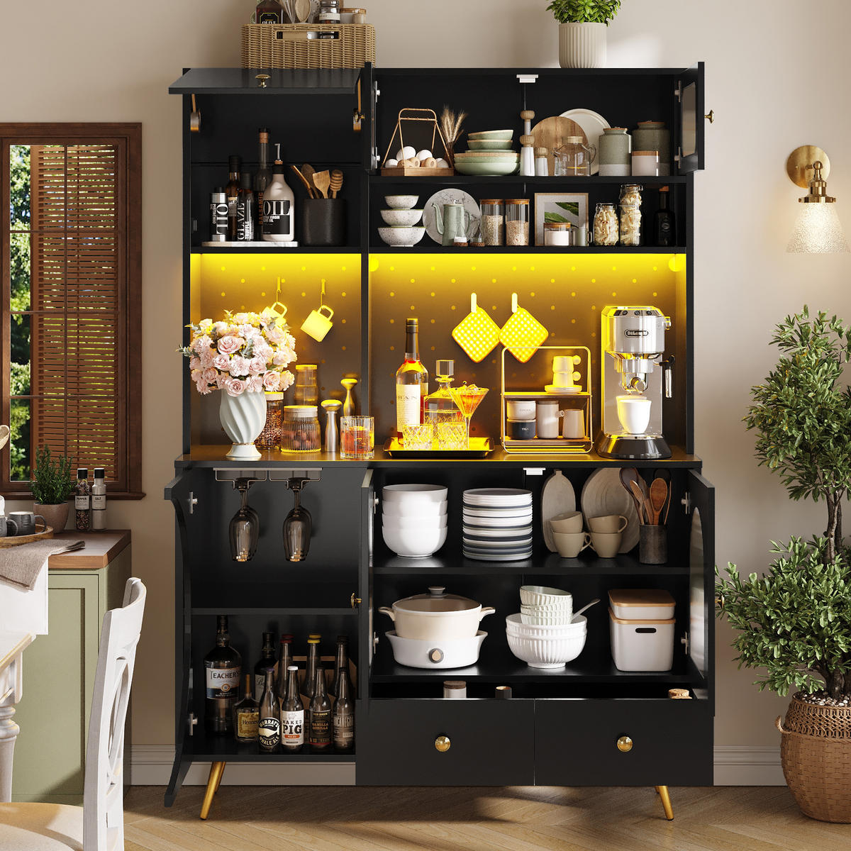 GESCHIRRSCHRANK aus MDF+Glas 120x40x176cm in Schwarz mit LED & Steckdose - Schwarz, Holzwerkstoff (120/176/40cm) - Modfu
