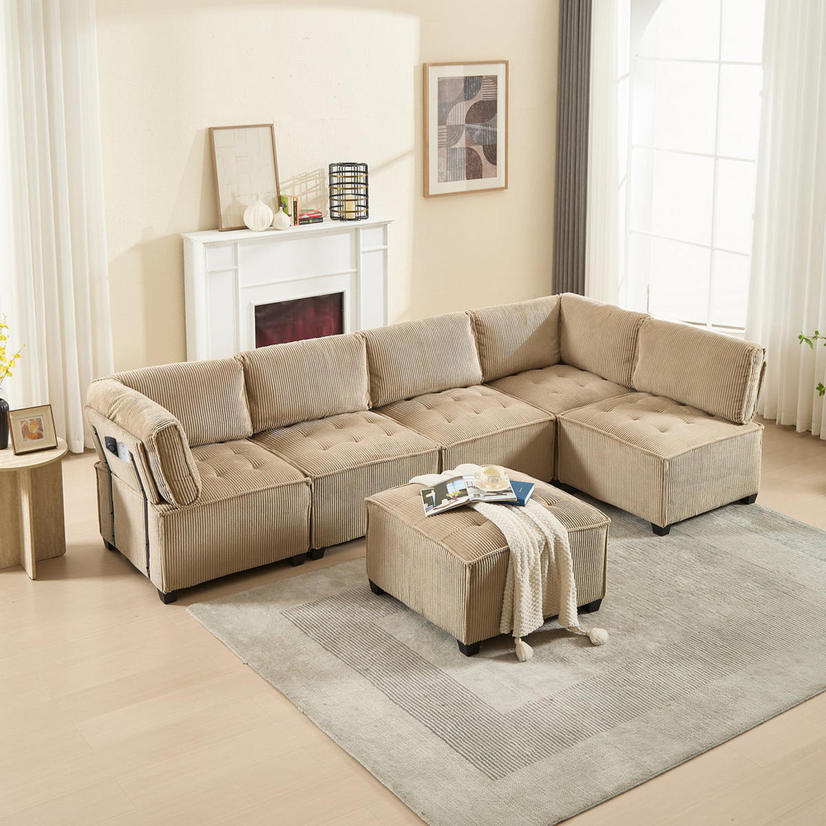 ECKSOFA Modulares U-Form Cordstoff 308x154cm Khaki Schlaffunktion - Naturfarben, Textil (70/77cm) - Raelunyi