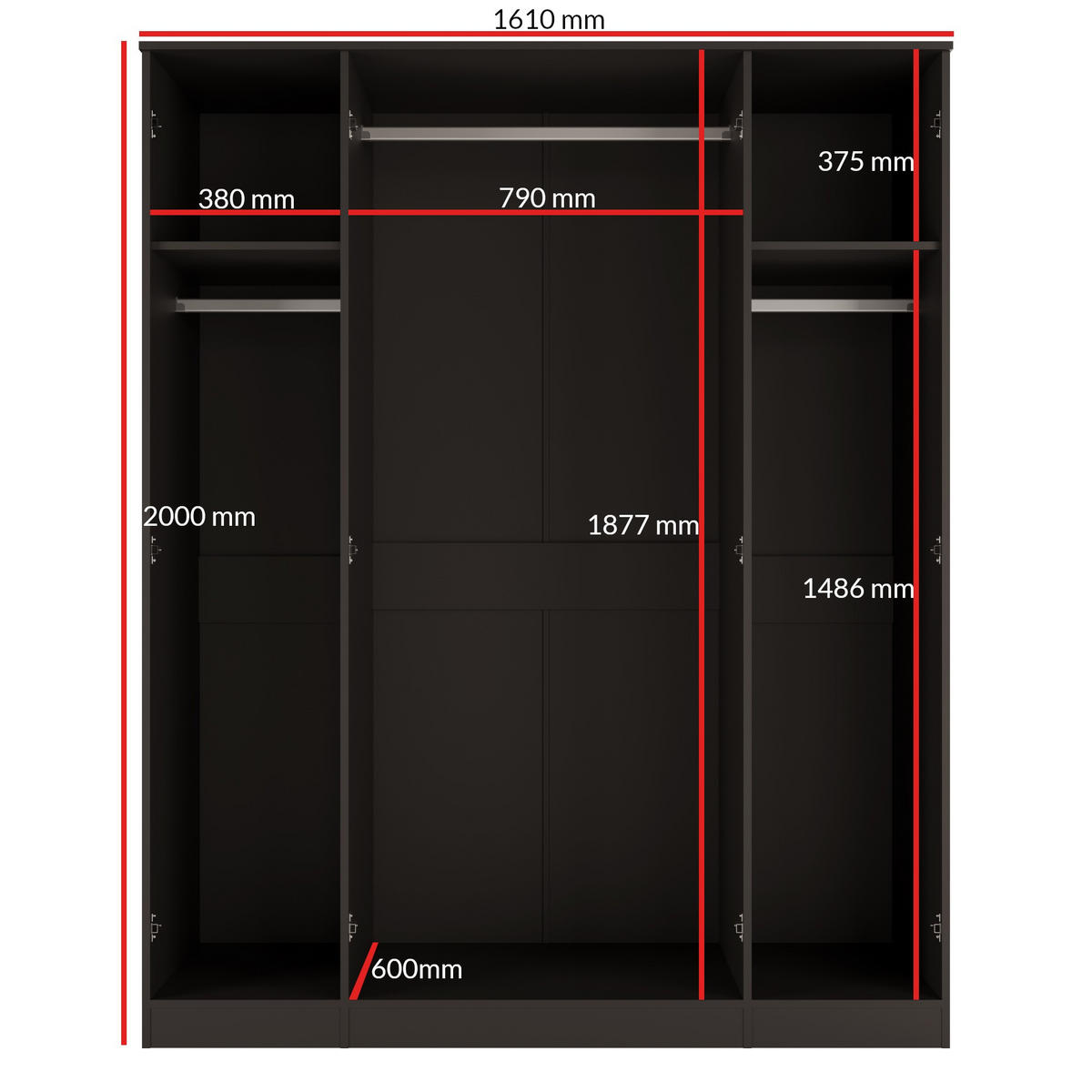 DREHTÜRENSCHRANK mit Spiegel Monza 4D 160 Schwarz - Schwarz/Grau, Holzwerkstoff/Metall (160/200/60cm) - mzm24