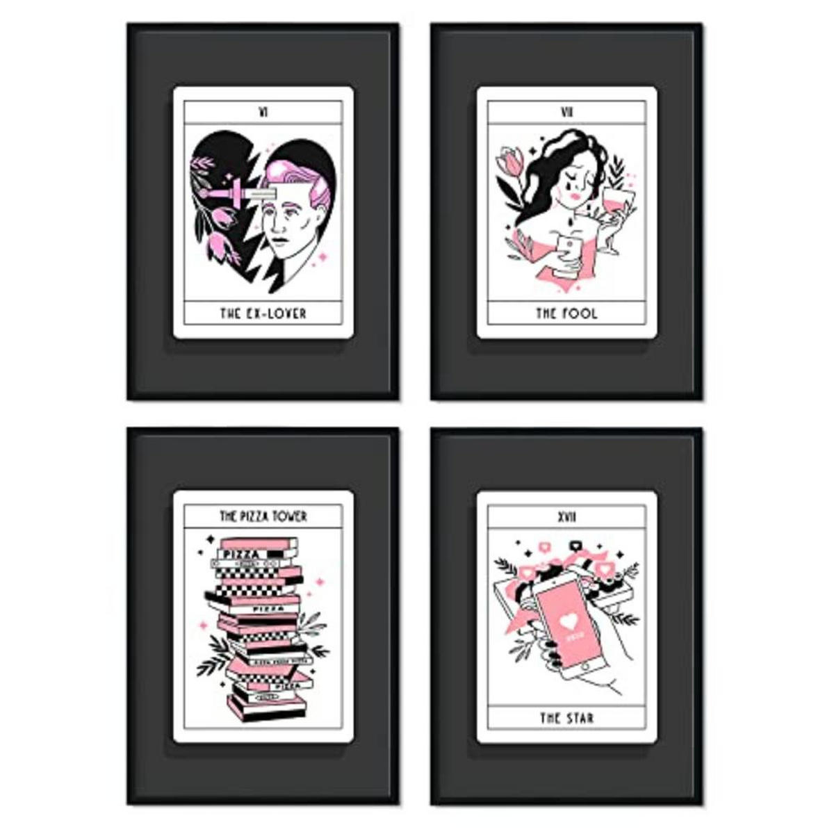 POSTER Set mit 4 Blättern in warmen Tönen originellen Tarotkarten A4 Schwarzer Rahmen - Schwarz, Papier (29.7/3cm) - Nacnic