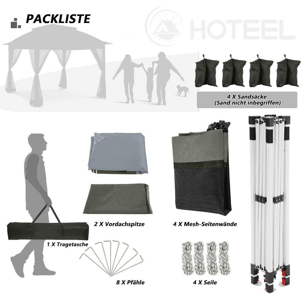 PAVILLON 3 x 3 m Dunkelgrau Wasserdicht mit Moskitonetz - Grau, Textil (365/270/365cm)
