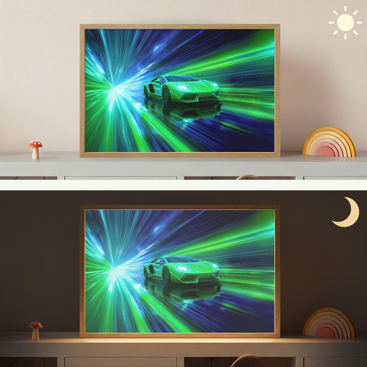 NÁSTĚNNÁ LAMPA S AKUMULÁTOREM Rychlost - Lehké - Sportovní vůz - Zelená 60x40 cm - zelená barva, kompozitní dřevo (60/40/8cm) - OnlyWow