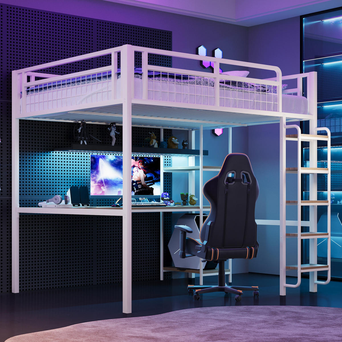 HOCHBETT 140/200 cm Weiß aus MDF und Metall mit Tisch und Regal - Weiß, Metall (140/200cm) - OKMYHOME