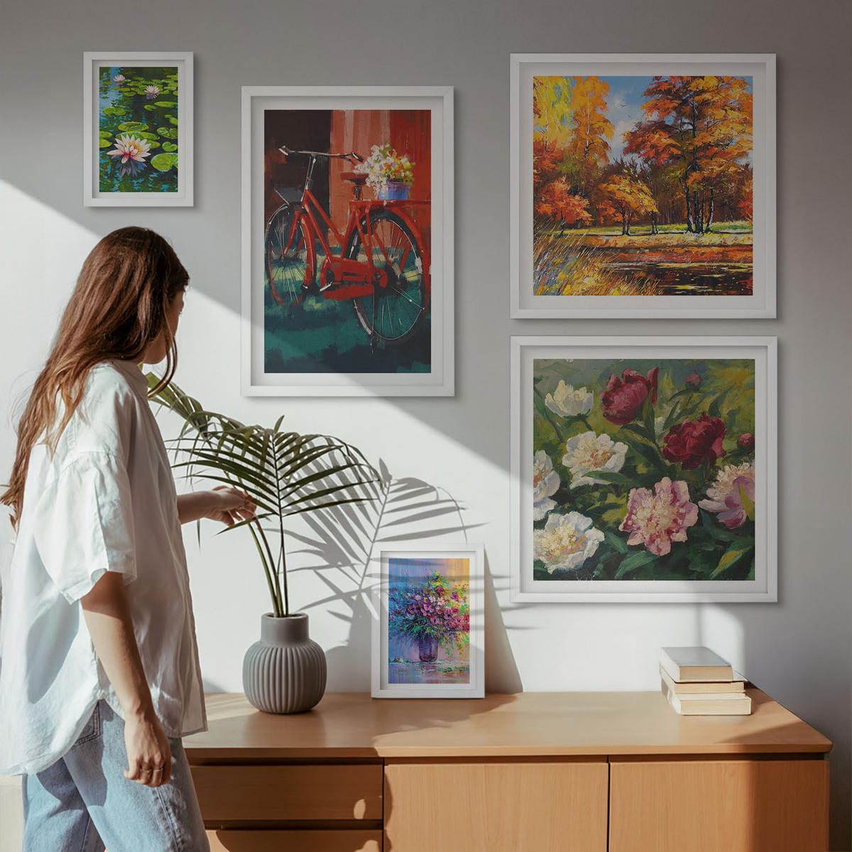 WANDBILDER 5er-Set - 50x50 cm & 20x30 cm & 40x60 cm Weißer Rahmen - Seerosen, Fahrradblumen - Weiß, Kunststoff (40/60cm) - ArtPrintCave