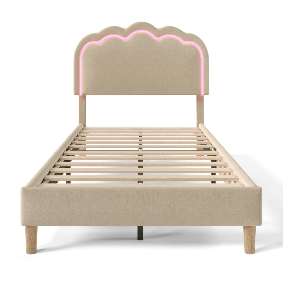 POLSTERBETT aus Leinen 90x200 cm Beige mit LED-Beleuchtung und verstellbarem Kopfteil - Beige, Textil (90/200cm) - IVMEU