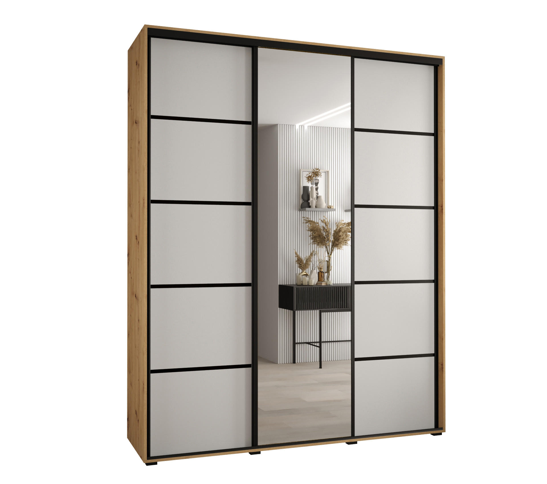 Abiks Möbel Schwebetürenschrank Eiche Artisan, Weiß, Schwarz 170x235x60 cm