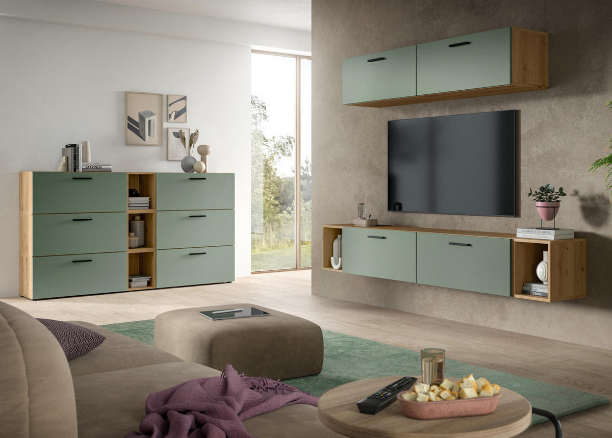 STAURAUMSCHRANK grün, Eiche Artisan 65 x 178 cm, Mehrzweckschrank mit viel Stauraum - Schwarz/Eiche Artisan, Holzwerkstoff/Kunststoff (65/178/34cm) - Inn.Furn