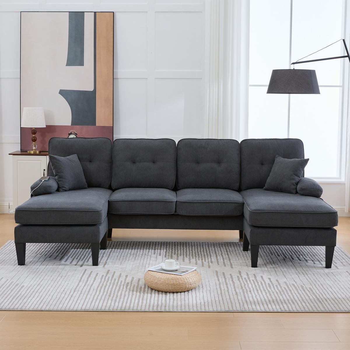 WOHNLANDSCHAFT 250/130/88 cm Dunkelgrau Leinen mit Aufbewahrungsfach und USB/Type-C-Ladeanschluss - Dunkelgrau, Textil (250/88/130cm) - Oxeza