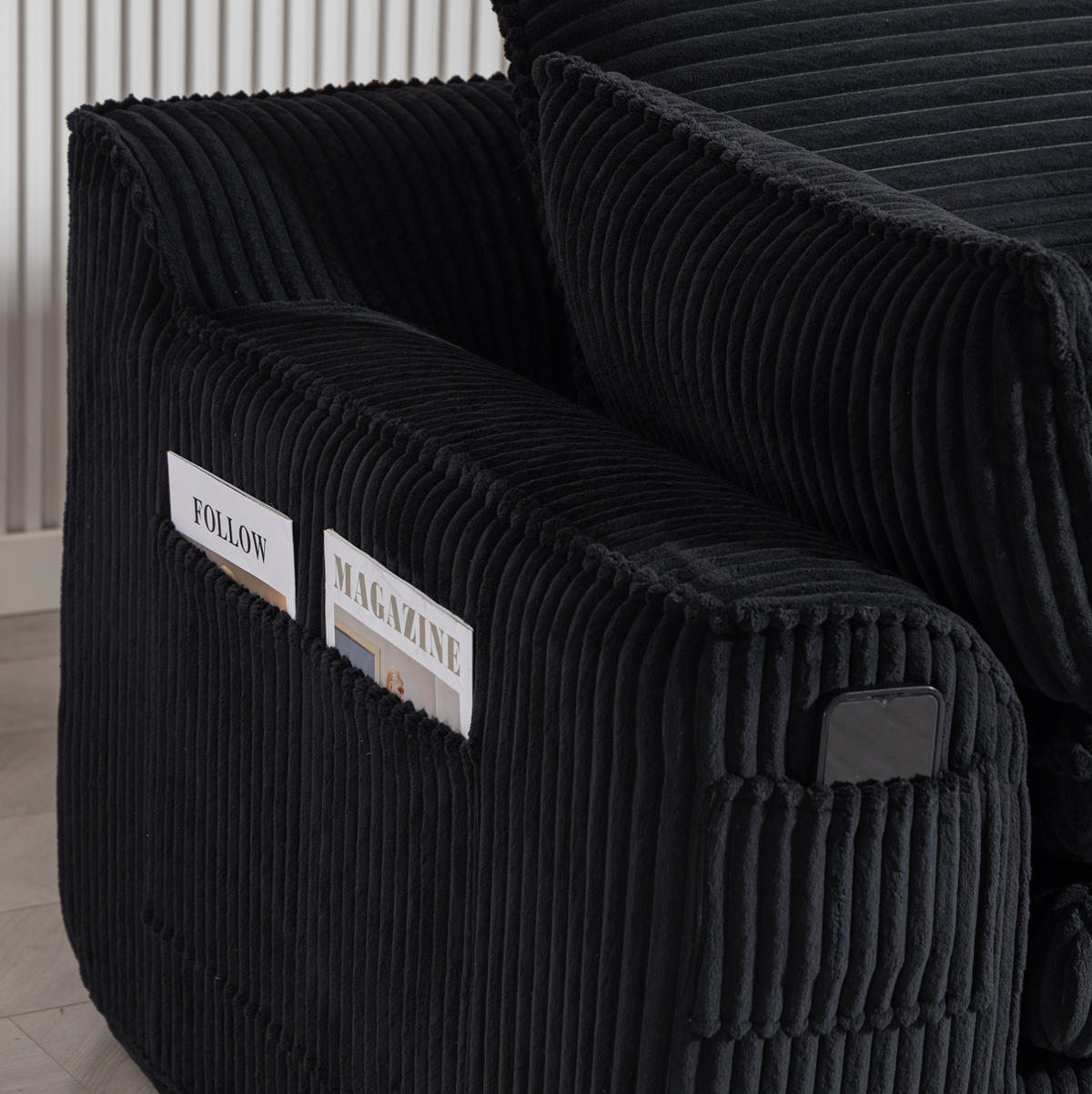 2-SITZER-SOFA 191/94/85 cm mit Seitentaschen und Kissen, Cordbezug und Federkern, Schwarz - Schwarz, Textil (191/85/94cm) - Redom