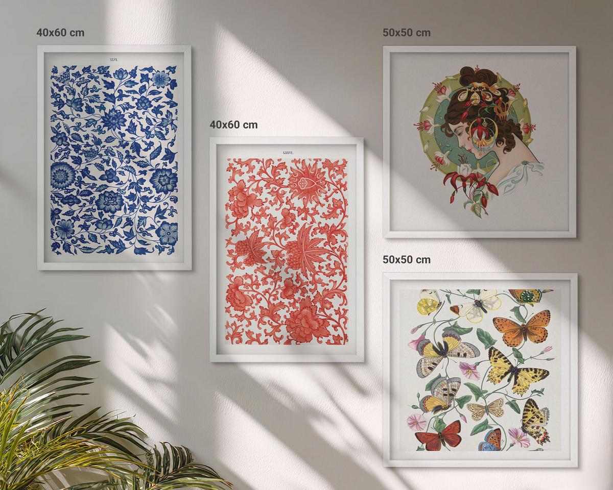 BILDER SET 4er Set - 50x50 cm & 40x60 cm Weißer Rahmen - Vintage-Blumen-Schmetterlings-Ornamente - Weiß, Kunststoff (50/50cm) - TULUP