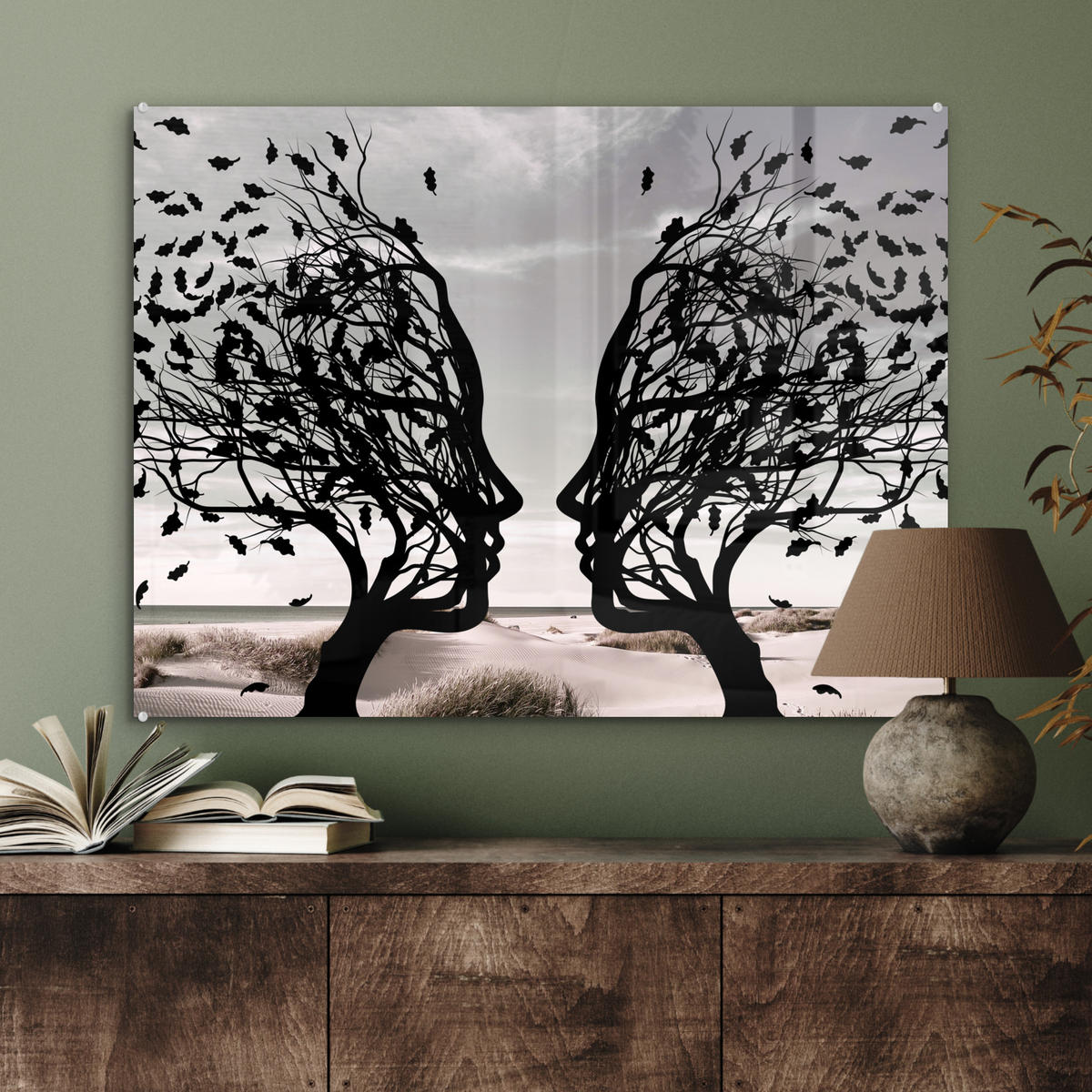 ACRYLGLASBILD Strand - Meer - Menschen - Baum - Moderne Kunst 80x60 cm - Hellgrau, Glas (80/60cm) - MuchoWow