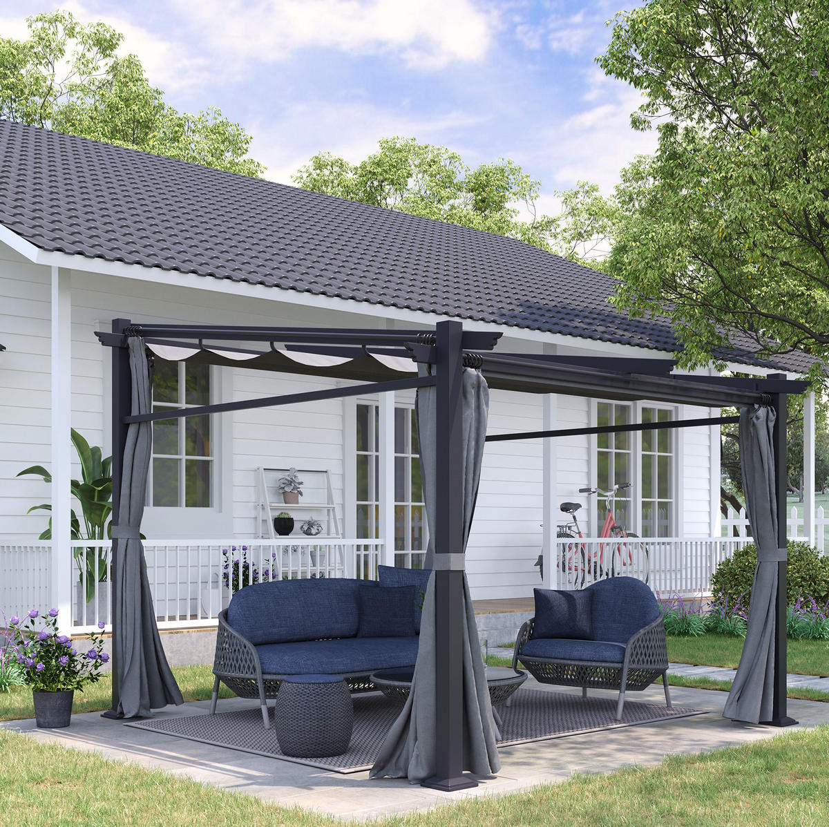 PERGOLA 297/295/195-230 cm s posuvnou stříškou a stabilní ocelovou konstrukcí, Tmavě šedá - tmavě šedá, kov (295/230/297cm) - Redom