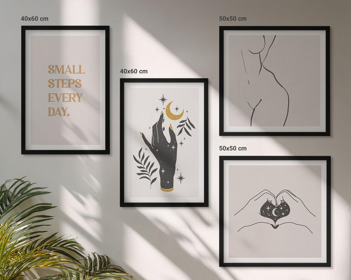 WANDBILDER 4er-Set - 50x50 cm & 40x60 cm Schwarzer Rahmen - Minimalistische Boho-Illustrationen - Schwarz, Kunststoff (50/50cm) - ArtPrintCave
