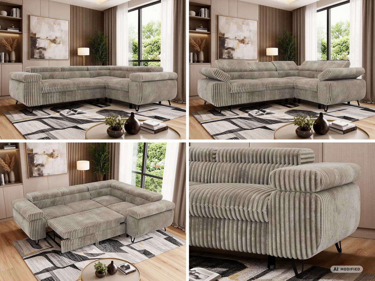 ECKSOFA FALCO L - Hellbraun Cord - Rechts Seite - Hellbraun/Schwarz, Textil/Metall (268/197cm) - MKS