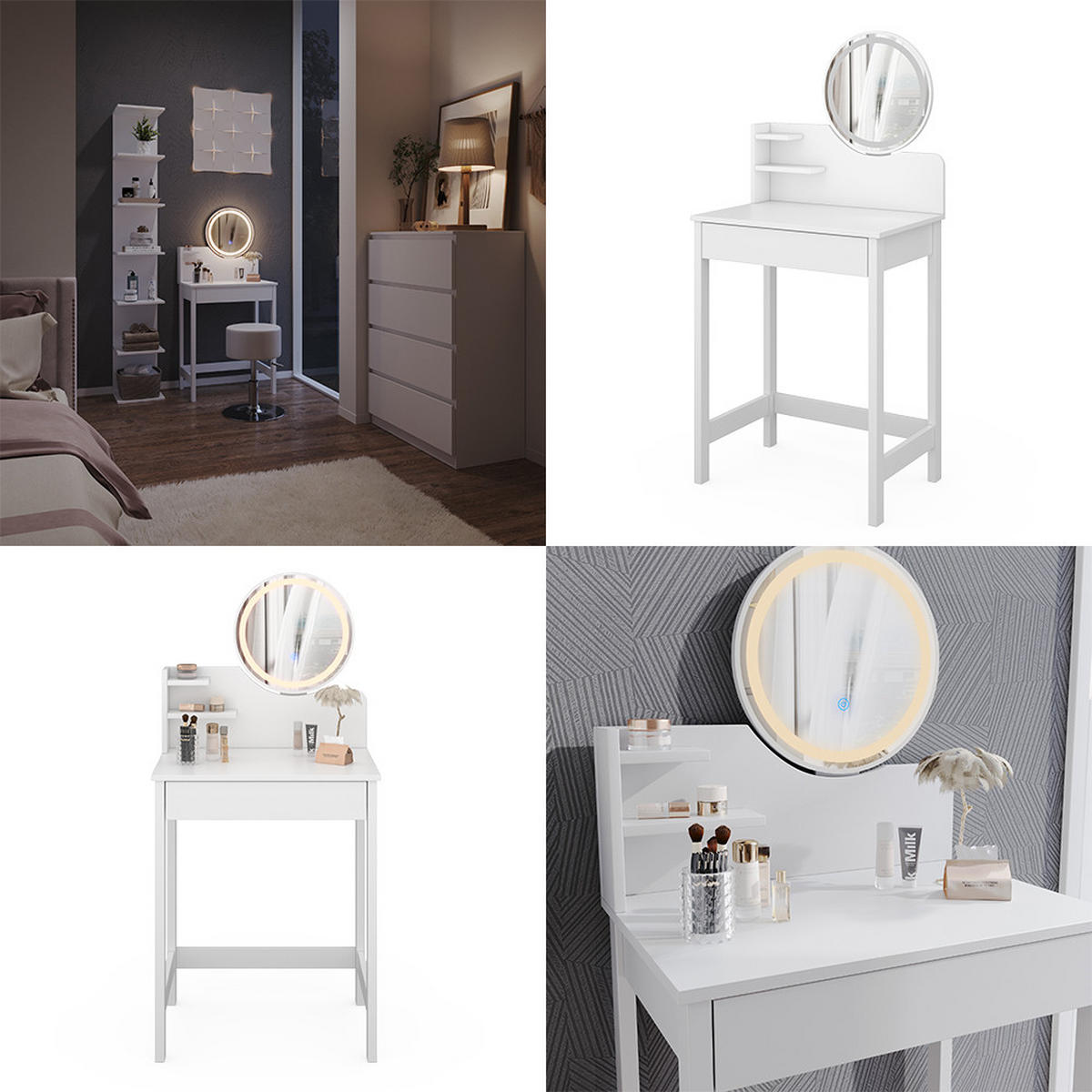 SCHMINKTISCH Surrey Weiß 60 cm mit LED-Spiegel - Weiß, Holzwerkstoff (60/127.5/40cm) - Vicco