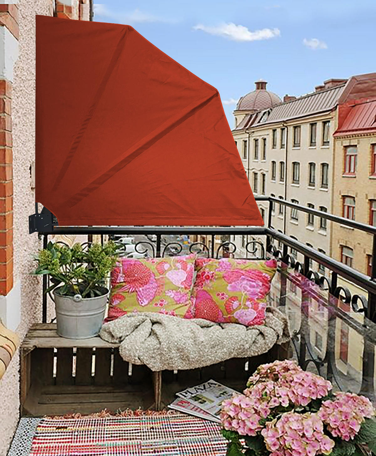 SICHTSCHUTZFÄCHER 115x115 cm Rotorange mit Easy Mount Wandplatte - Terracotta, Metall (2/115cm) - QUICK STAR