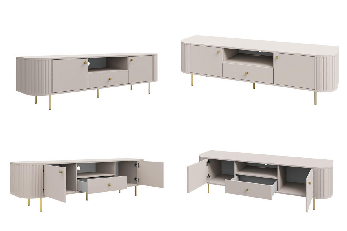 TV-SCHRANK Olivia 180 cm, mit 2 Türen, Schublade, geriffeltem Design, kaschmir, goldfarbenen Metallfüßen - Kaschmir, Metall (180/50/43cm) - Margaret Hadas24