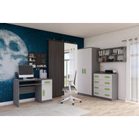 JUGENDZIMMER Elora in Grau und Weiß – 4-teiliges Set mit Schreibtisch, Kommode, Wandregal und Schrank – Grifffarbe Limette - Grau, Holzwerkstoff (80/200/120cm)