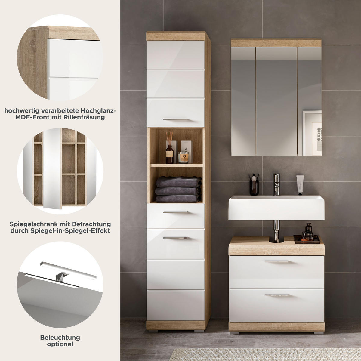 BADKOMBINATION 3tlg. Lambada Bad in Sonoma Eiche hell und weiß hochglanz B/H/T: 112x191x34 cm - Sonoma Eiche, Holz (112/191/37cm)