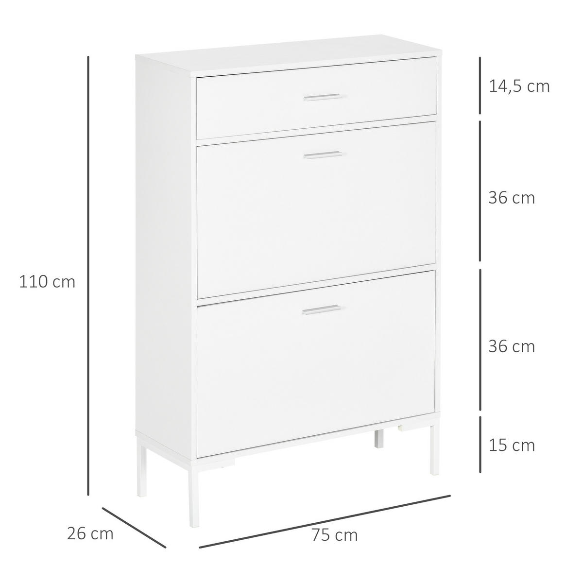 SCHUHSCHRANK DE-15049 2 Klapptüren & 1 Schublade für 12 Paar Schuhe Weiß - Weiß, Holzwerkstoff (75/110/26cm) - ComfortXL
