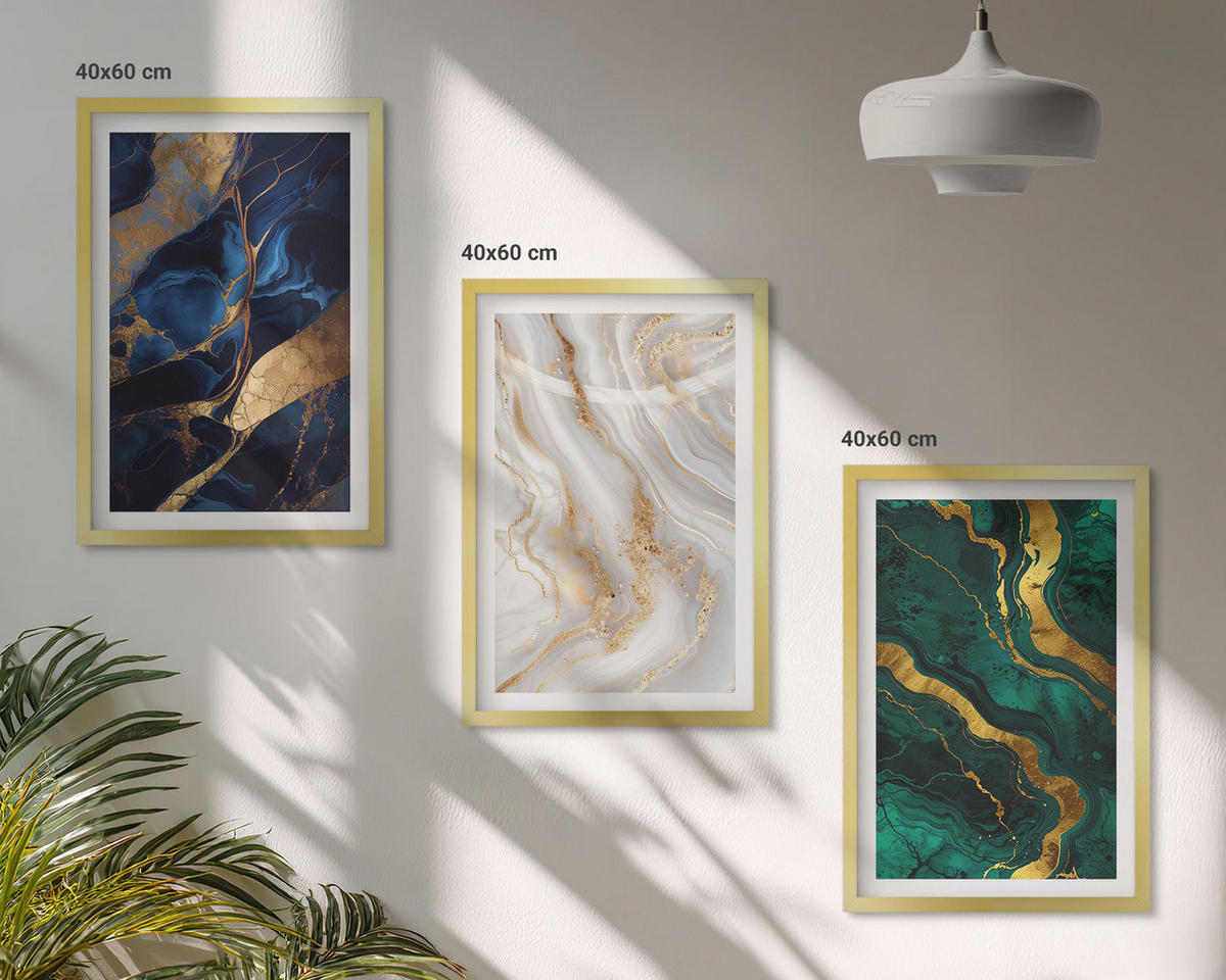 BILDER SET 3er Set - 40x60 cm Goldrahmen - Abstrakte blaugrüne Muster - Goldfarben, Kunststoff (40/60cm) - TULUP
