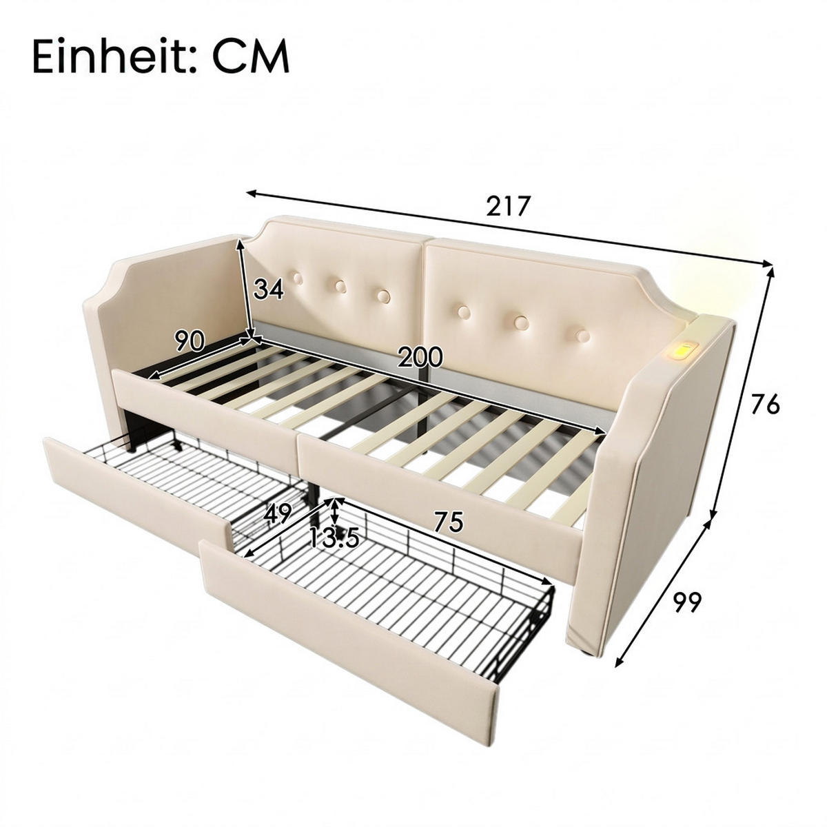 POLSTERBETT 90/200 cm Beige mit USB-Type-C Leselicht und 2 Schubladen, Ohne Matratze - Beige, Holz/Textil (90/200cm) - Oxeza
