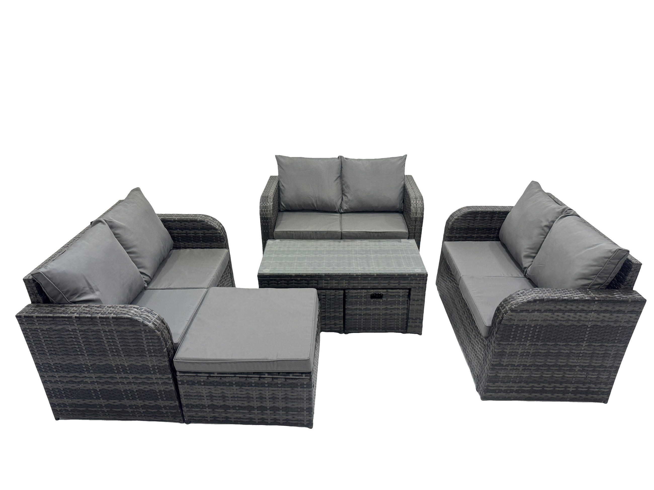 GARTENSOFA SET mit rechteckigem COUCHTISCH Polyrattan 9-Sitzer Dunkelgrau - Dunkelgrau/Grau, Glas/Kunststoff - Fimous