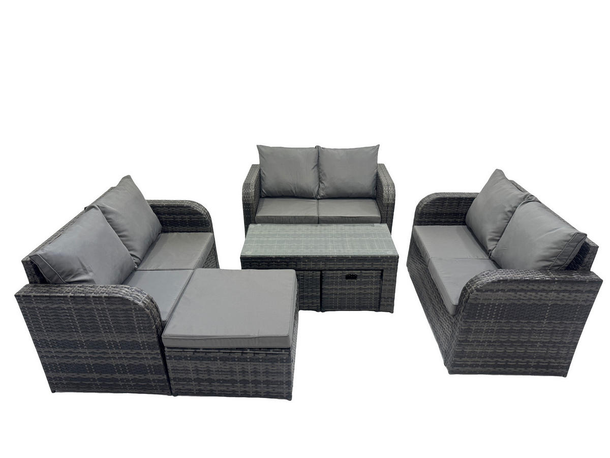 GARTENSOFA SET mit rechteckigem COUCHTISCH Polyrattan 9-Sitzer Dunkelgrau - Dunkelgrau/Grau, Glas/Kunststoff - Fimous