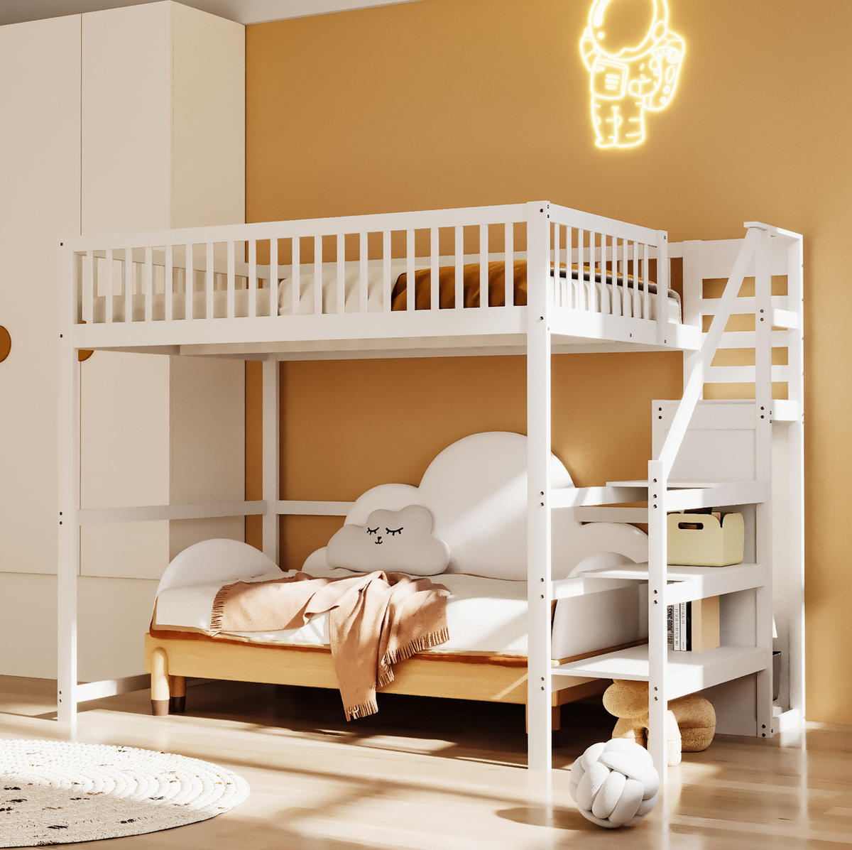 HOCHBETT 140/200 cm mit Treppe, Kleiderschrank und Stauraum aus Holzwerkstoff, Weiß - Weiß, Holzwerkstoff (140/200cm) - Redom
