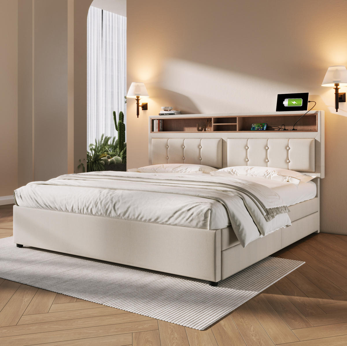 POLSTERBETT mit 4 Schubladen 160x200 cm Leinen Beige mit USB-C - Beige, Metall (160/200cm) - Meubliv