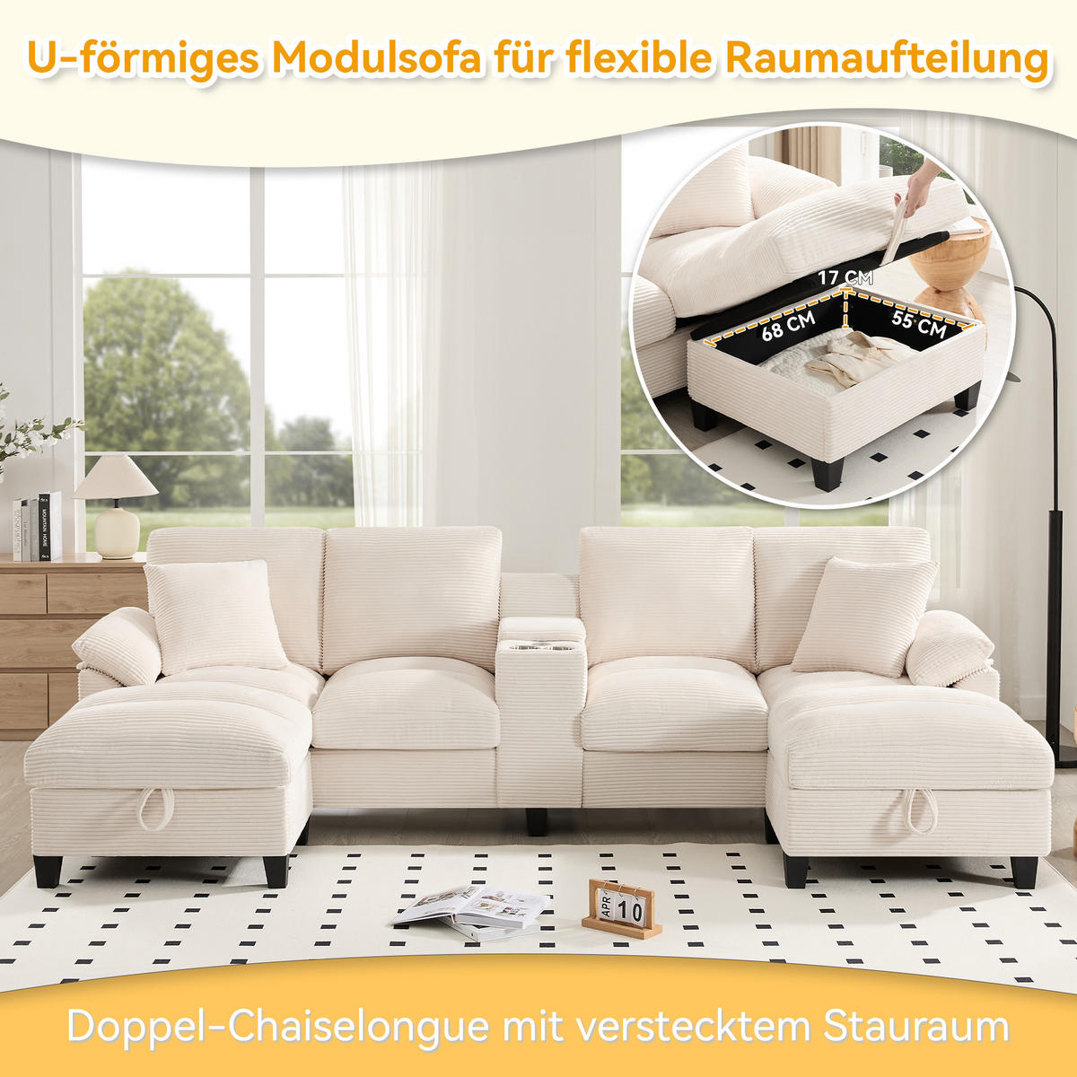 U-FORM Wohnlandschaft Cord mit Stauraum und USB-Anschluss 293/142/93 cm Beige - Beige, Kunststoff/Textil (93/293/142cm) - Redom