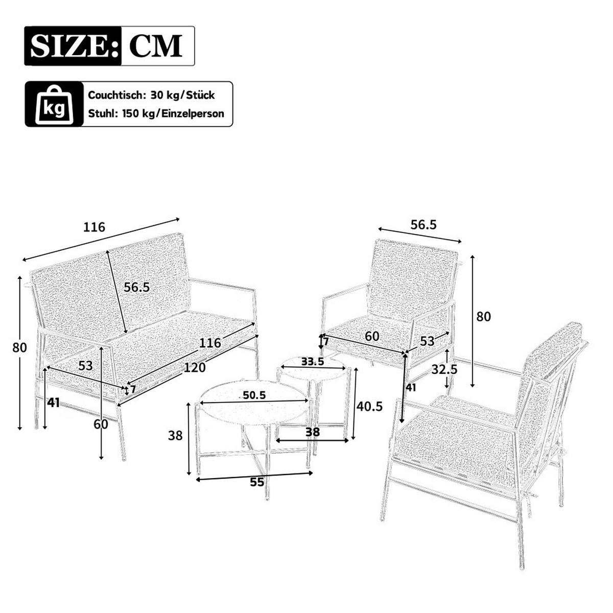 LOUNGEGARNITUR mit zwei runde Couchtische，grau - Grau, Metall - KOMHTOM