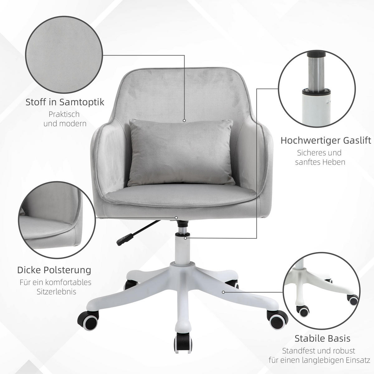 MASSAGE Bürostuhl Drehstuhl Arbeitstuhl mit Vibrationsfunktion Samt Grau - Grau, Textil (70/86/57cm) - Vinsetto