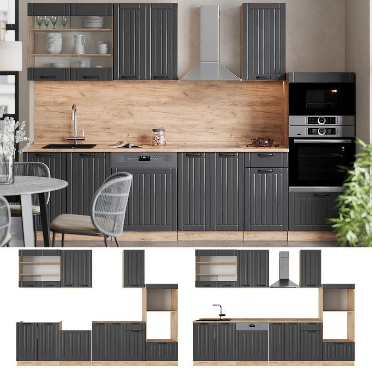 CHICINETĂ Fame-Line Gri închis 300 cm cu dulap înalt, AP antracit - stejar miere/gri închis, compozit lemnos (300/153.6/60cm) - Vicco