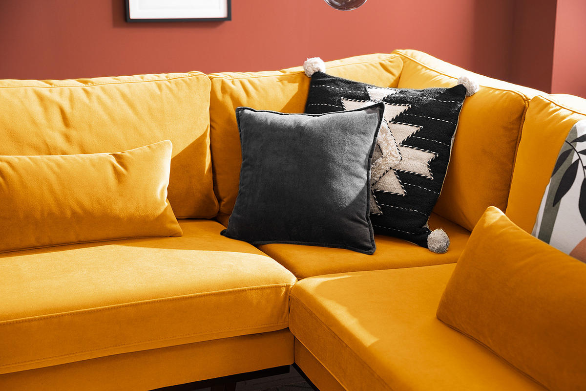 ECKSOFA mit Ottomane - Gelb/Buchefarben, Buchenholz/Textil (287/219cm) - home24