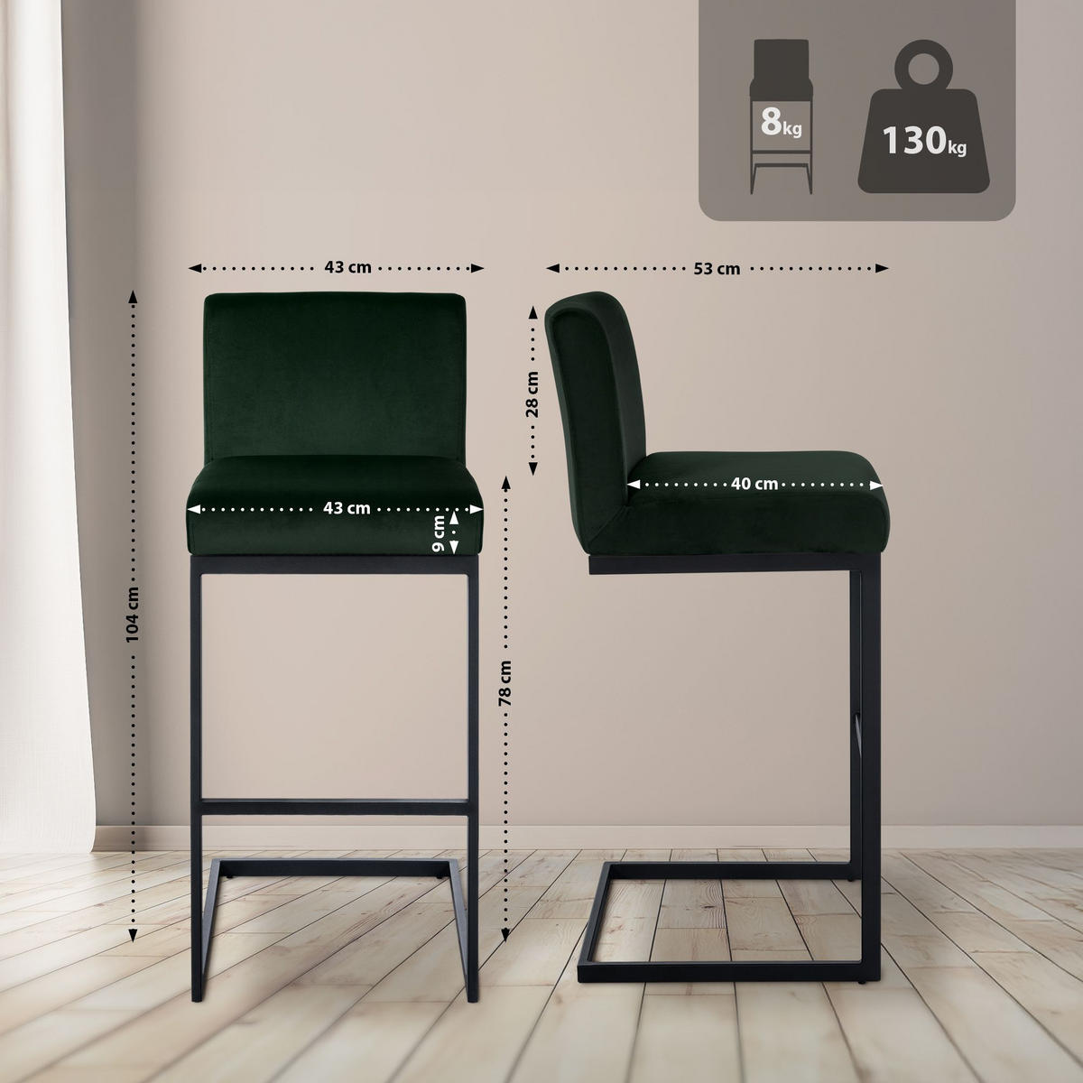 BARHOCKER Samt Grün - Schwarz/Grün, Textil/Metall (43/104/53cm) - CLP
