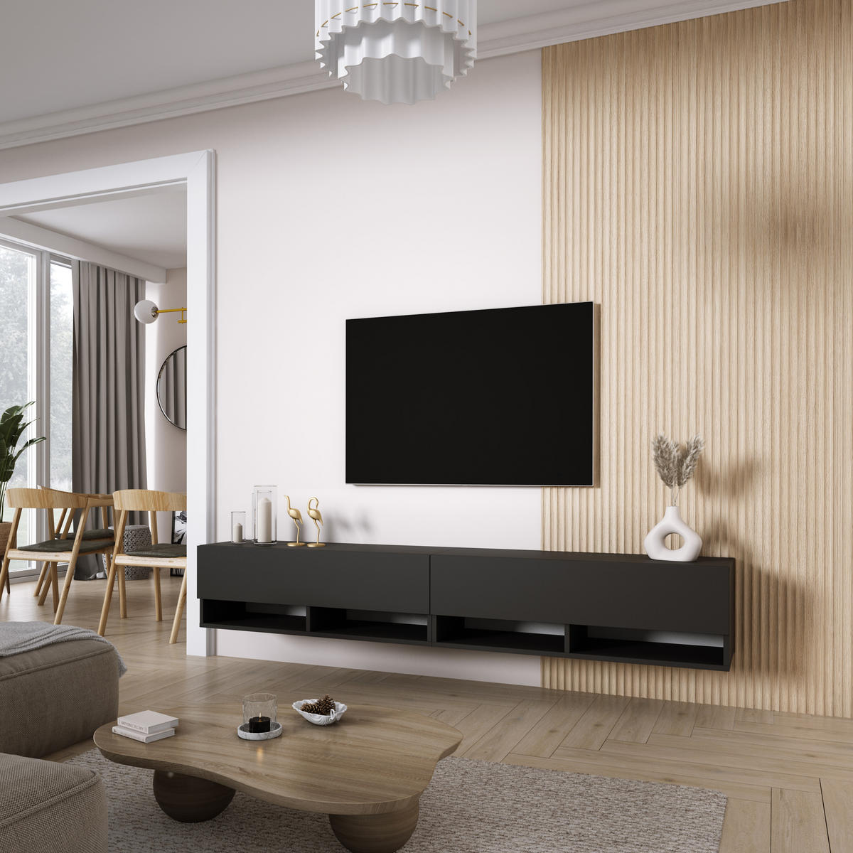 TV-LOWBOARD 200 (2 x 100) cm Mattschwarz, 200 × 32 × 34 cm - Schwarz, Holzwerkstoff (200/33.6/32cm) - 3XE LIVING