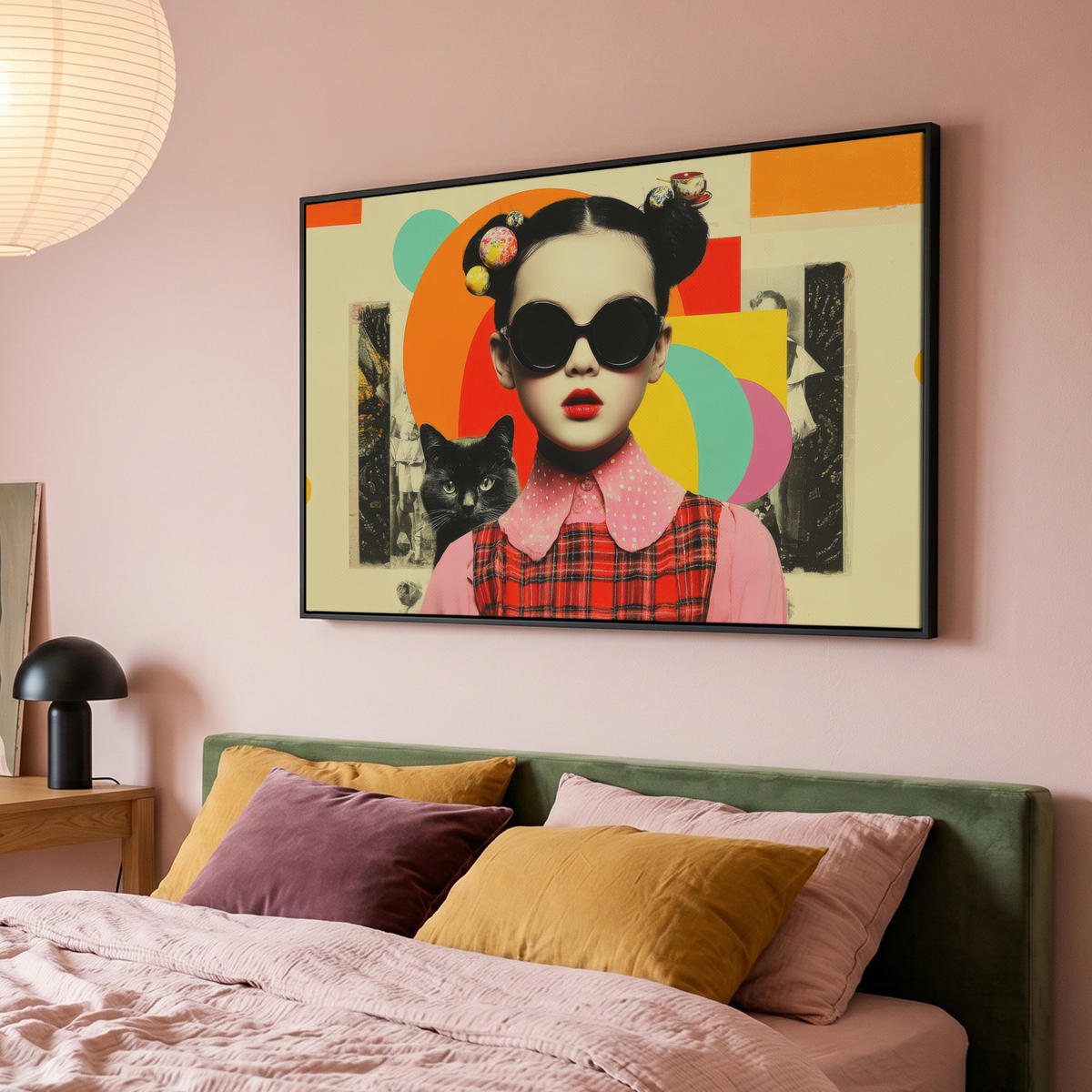 LEINWAND Bilder mit Rahmen - Mädchen - Sonnenbrille - Katze - Retro - 120x80 - Beige, Textil (120/80cm) - MuchoWow