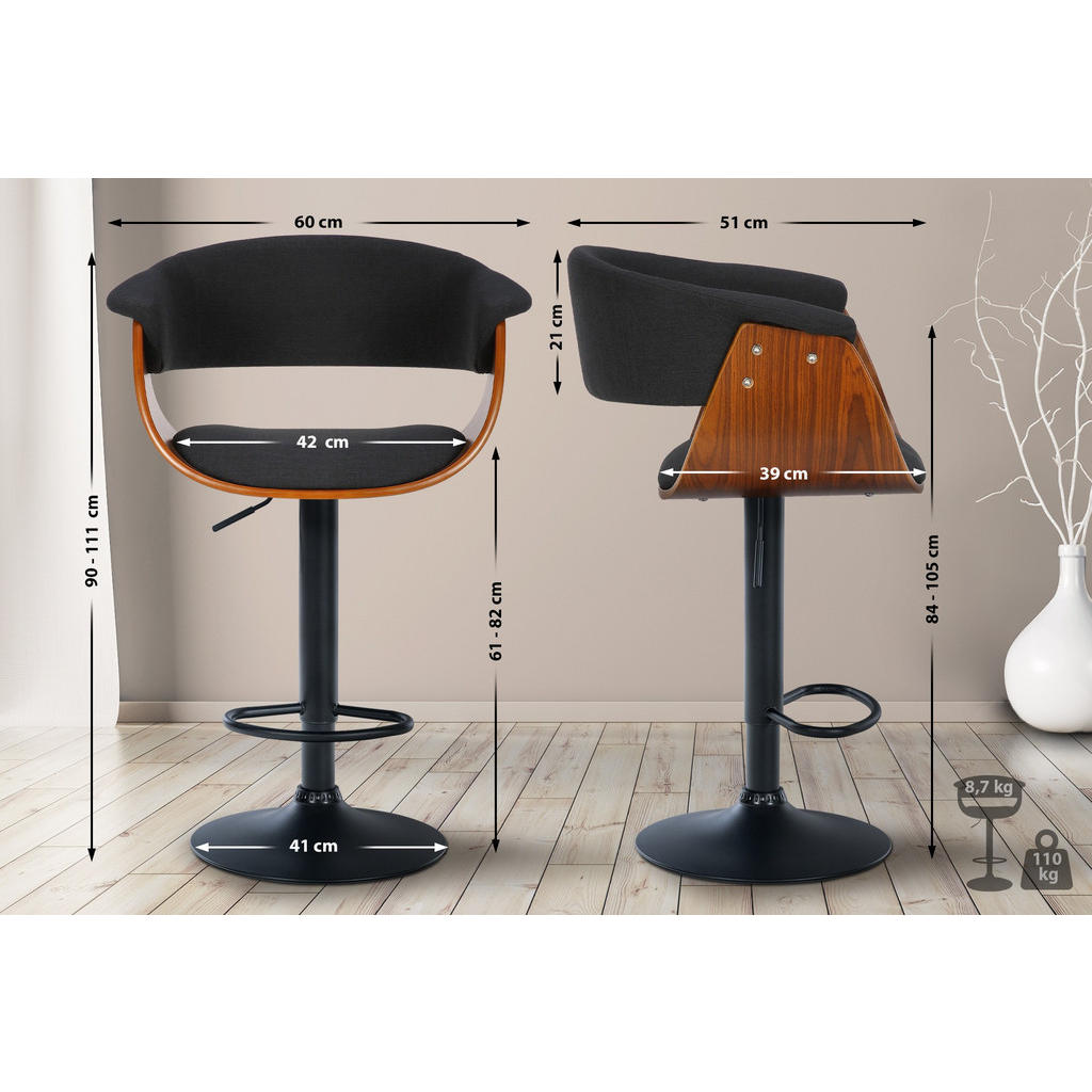 Thumbnail - CLP Barhocker, Schwarz, Walnuss, Textil, 60x90x51 cm, Esszimmer, Barmöbel, Barhocker