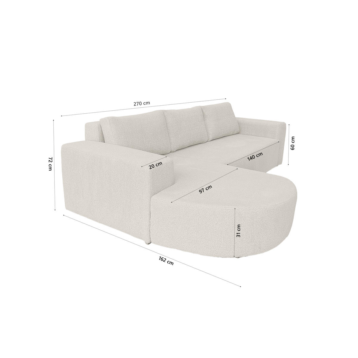 ECKSOFA Tolga mit Schlaffunktion, Beige - Beige, Textil (162/270cm) - Fedve