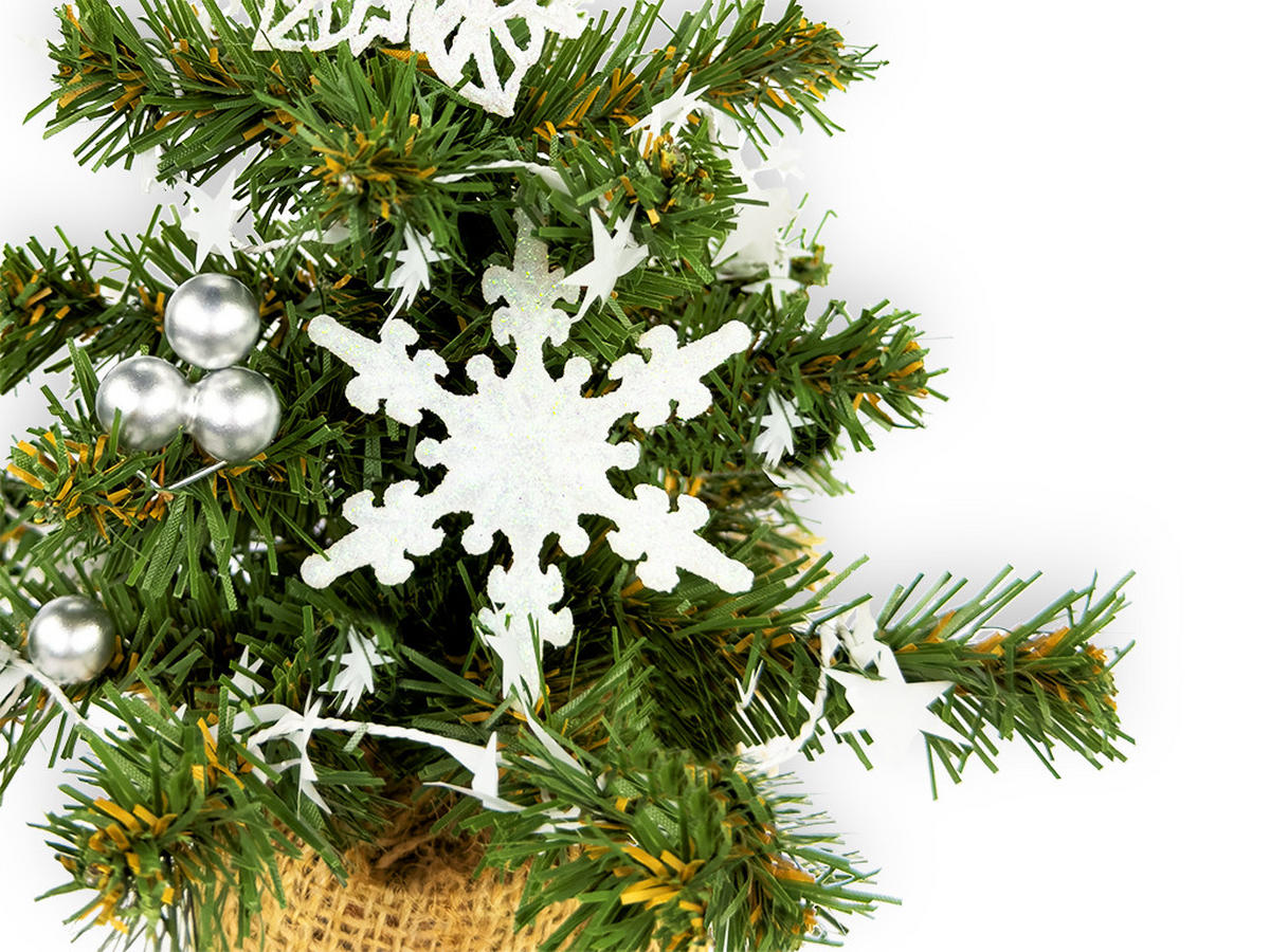 WEIHNACHTSBAUM künstlicher 25 cm, TINY 1, mit 13-teiligem Weihnachtsbaumschmuck, inkl. Metallständer und Aufbewahrungsbox - Silberfarben/Weiß, Kunststoff/Stein (18/25cm) - LAALU