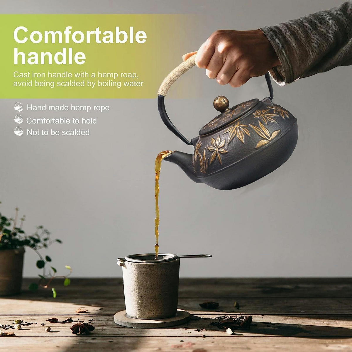 TEEKANNE Gusseisen 800ml mit Sieb Gold Ahornblätter - Braun, Metall (17/17cm)