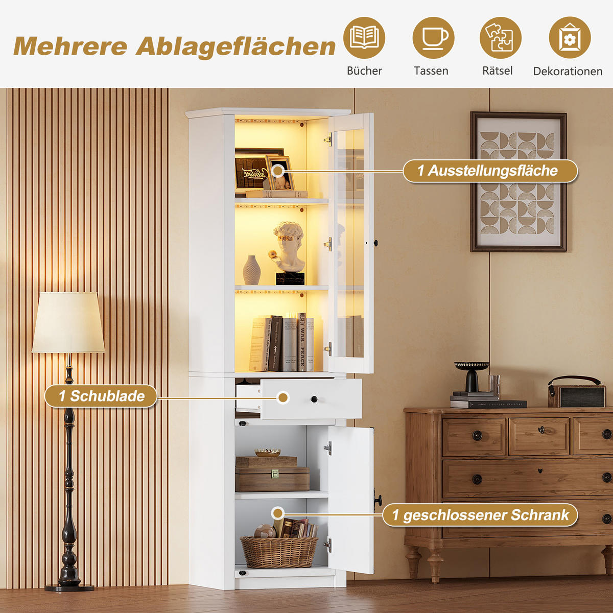 VITRINE LED Hochschrank Glas 200cm 2 Türen Schublade Weiß - Weiß, Holzwerkstoff (55/200/40cm) - FLIEKS