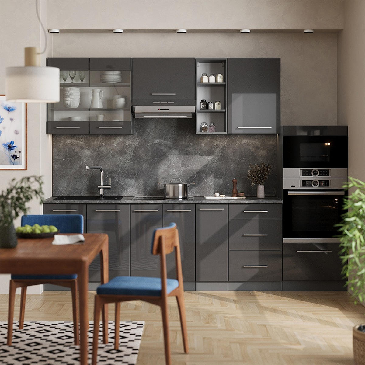 KUCHYNKA Fame-Line Antracit vysoký lesk 280 cm , AP Antracit - antracitová/čierna s vysokým leskom, kompozitné drevo (280/153.6/60cm) - Vicco
