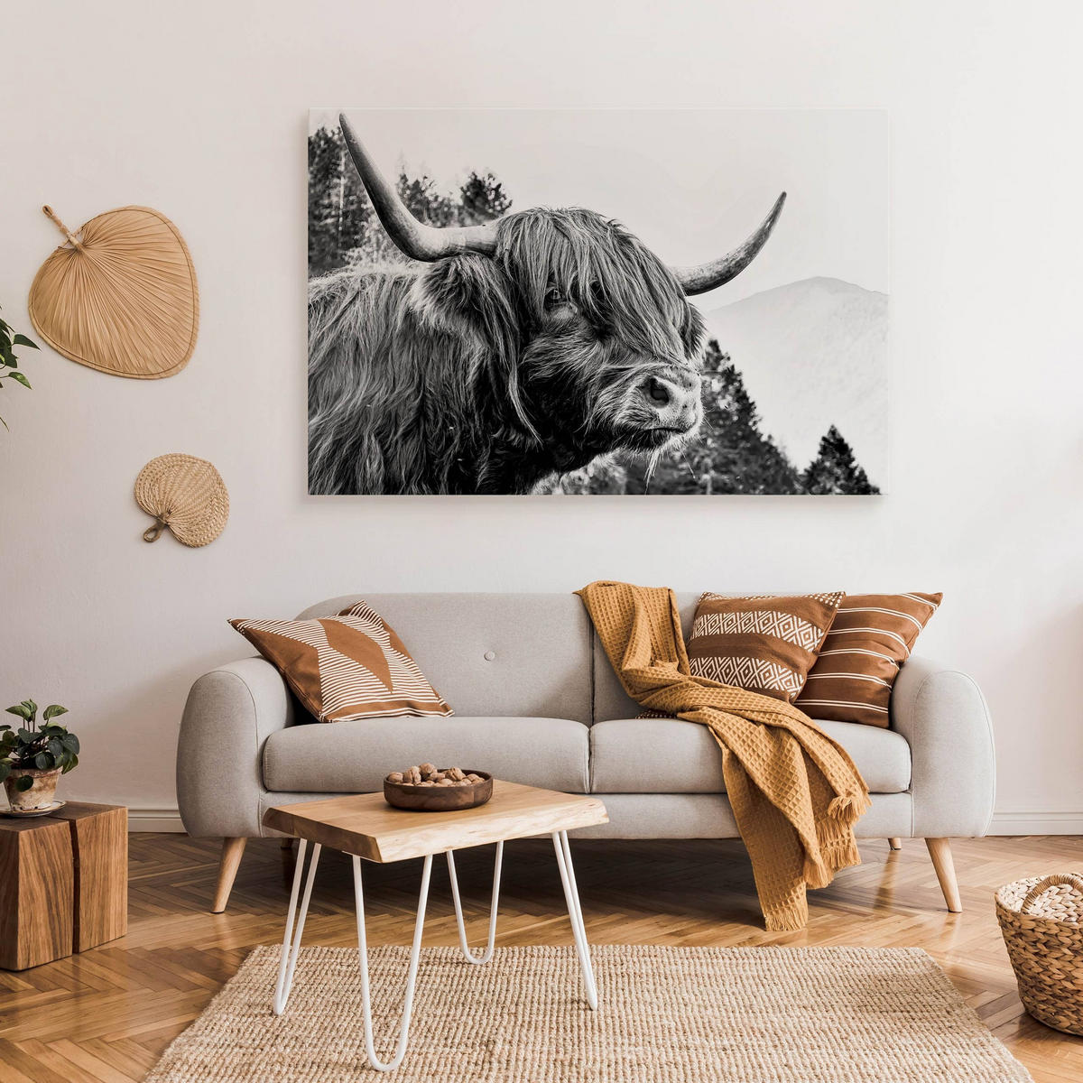 LEINWANDBILD für Wohnzimmer Schottische Kuh Bergen Natur 3D 90x60 - Schwarz/Weiß, Textil (90/60cm) - Muralo