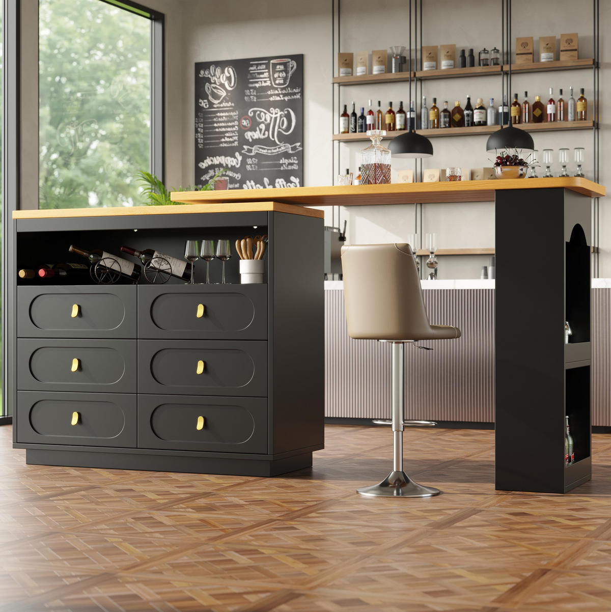 BARTISCH, MDF ausziehbar & drehbar mit Stauraum, 137-203/39/90 cm, Schwarz - Schwarz, Holzwerkstoff (39/90/137cm) - Redom