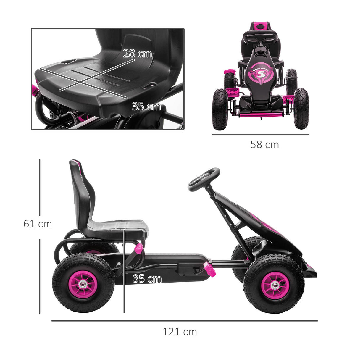 KINDER-GOKART, mit Pedalen, verstellbarem Sitz, ab 5 Jahren - Schwarz/Rosa, Kunststoff/Metall (121/58/61cm) - HOMCOM