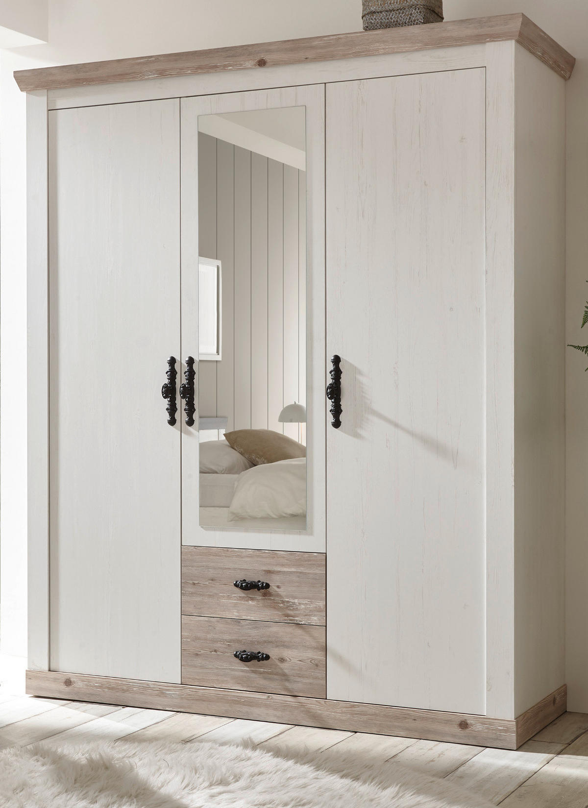 KLEIDERSCHRANK Pinie weiß, Oslo Pinie Landhaus, Drehtürenschrank 3-türig mit Spiegel, 169 x 201 cm - Anthrazit/Weiß, Holzwerkstoff/Metall (169/201/60cm) - Furn.Design