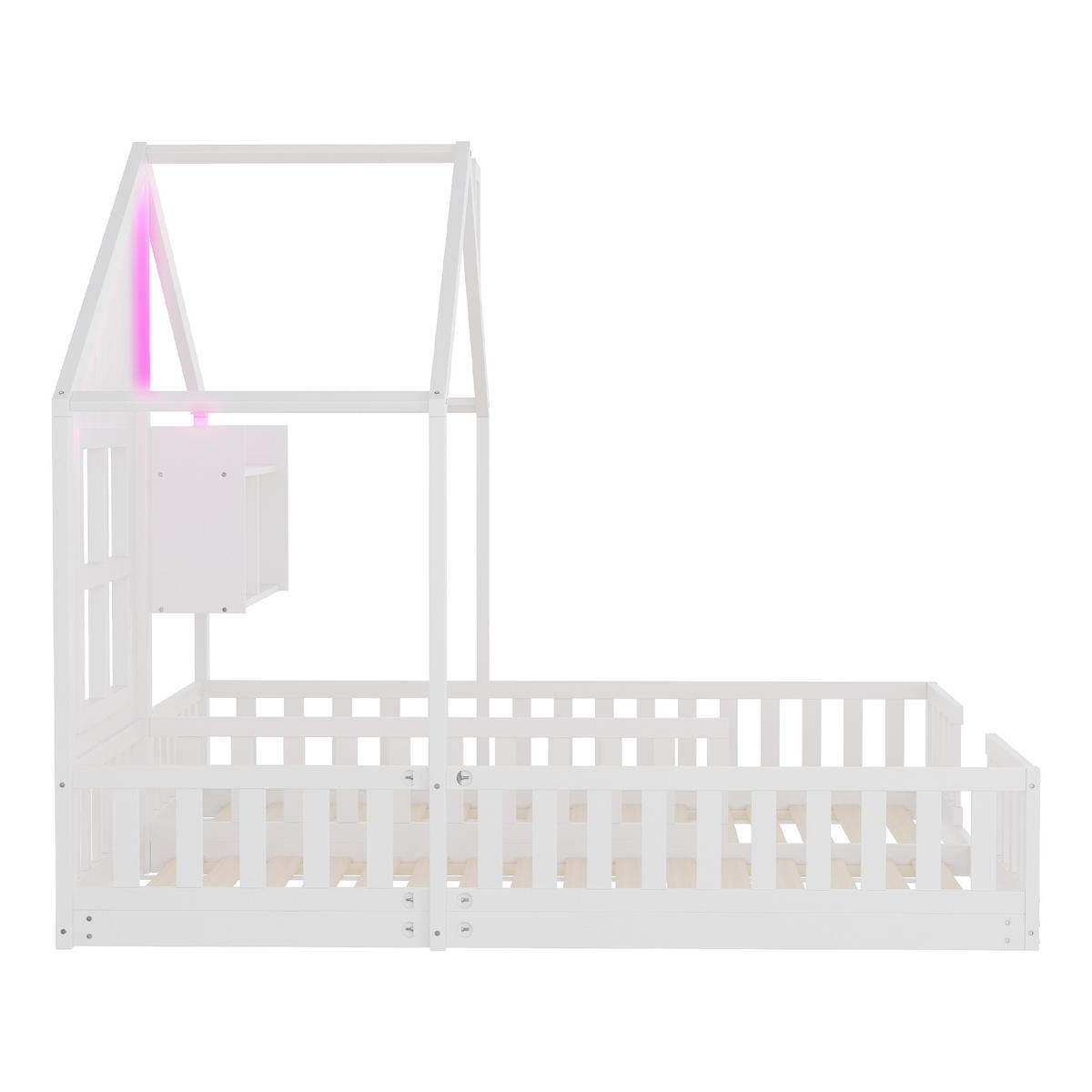 HAUSBETT 90/200 cm DE-01549, in Weiß, mit LED-Beleuchtung, Fenstern und Schornstein - Weiß, Holz (90/200cm) - ComfortXL